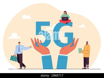 People using gadgets and huge hands holding 5G Stock Vector