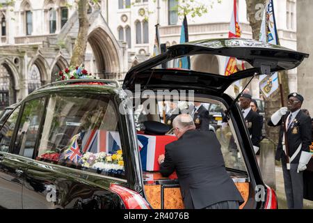 The coffin of Flt Sgt Peter Brown, a Jamaican-born WW2 RAF airman after his funeral service at the Royal Air Force's historic St Clement Danes Church, on 25th May 2023, in London, England. Hundreds of members of the armed forces, the Caribbean community, friends and neighbours attended the service because Flt Sgt Brown was one the last 'pilots of the Caribbean', a group of Afro-Caribbean volunteer RAF personnel but when he died at the age of 96 no family members were traced and so a campaign followed to recognise his wartime service and for a military send-off in London's central RAF church. Stock Photo