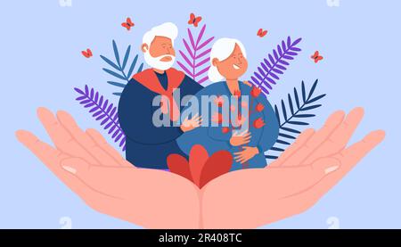 Giant hands supporting happy adult couple Stock Vector