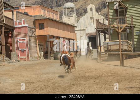 Gran Canaria - April 2023: Sioux City park has horse riding demos and chances to snap pics with cowboys and Native American Indians in traditional Stock Photo