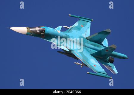 A Su-34 strike fighter of the Russian Air Force in flight. Stock Photo