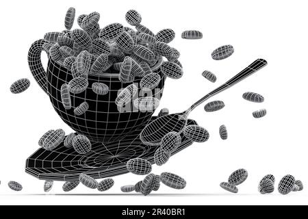 Ceramic coffee cup with sugar, coffee bean and spoon for americano espresso, latte on white background. 3d render concept of layers of visible and inv Stock Photo