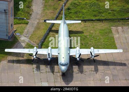 Aerial view of an IL-38 anti-submarine airplane of the Russian Navy during storage. Stock Photo