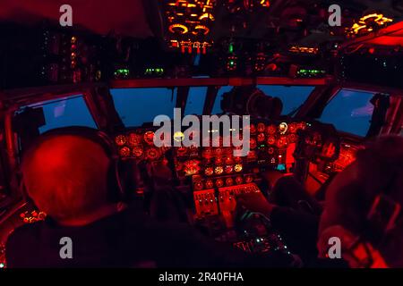 Cockpit of an IL-78 military tanker aircraft of the Russian Air Force at night. Stock Photo