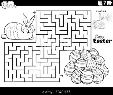 Maze with Easter Bunny and Easter eggs coloring page Stock Photo