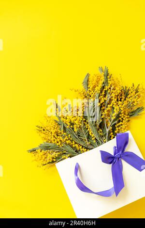 Mimosa flowers up gift paper bag on yellow background. Spring concept, flowers composition. Greeting card. View from above. Copy Stock Photo