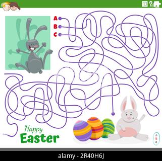Maze game with cartoon Easter Bunnies and eggs Stock Photo