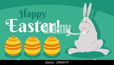 Cartoon Easter bunny with three painted eggs greeting card Stock Photo