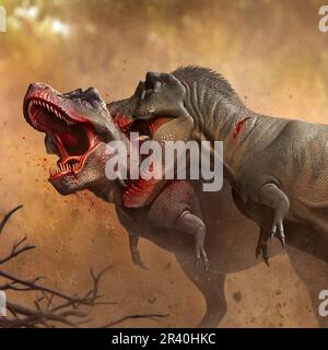 Two Tyrannosaurus rex dinosaurs fighting. Stock Photo