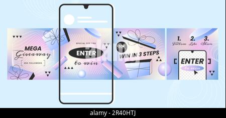 Instagram post carousel templates banner. Internet application on the screen of smartphone device. Design background for social media. Vector purple mockup template with text and places for photo. Stock Vector