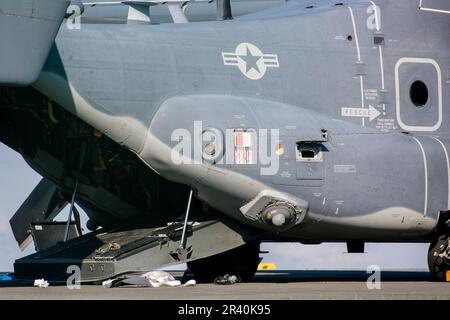 Details of the electronic countermeasures on the back of a U.S. Air Force CV-22 Osprey. Stock Photo