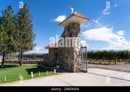 Entrance to the Domaine Bousquet Vineyards & Winery in Gualtallary, Tupungato, Valle de Uco, Argentina.  Behind is the snow-capped Andes Mountain Rang Stock Photo