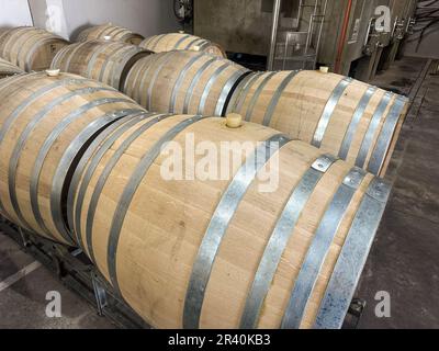 Oak barrels or barriques for aging the wine at the Ferrer Winery in Gualtallary, Tupungato, Valle de Uco,  Argentina. Stock Photo