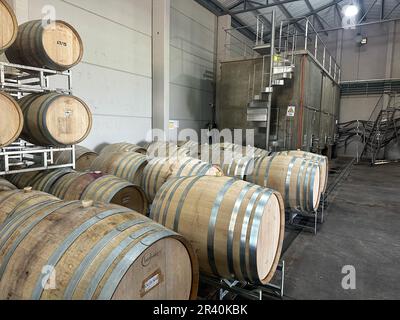 Oak barrels or barriques for aging the wine at the Ferrer Winery in Gualtallary, Tupungato, Valle de Uco,  Argentina.  Behind are large cement ferment Stock Photo