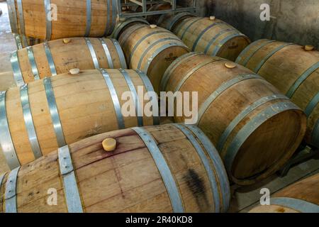 Oak wine barrels or barriques in the Los Cuadros Winery, Gualtallary, Tupungato, Mendoza, Argentina. Stock Photo