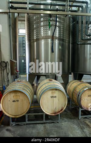 Oak wine barrels & stainless steel fermentation vats at the Ferrer Winery in Gualtallary, Tupungato, Valle de Uco,  Argentina. Stock Photo