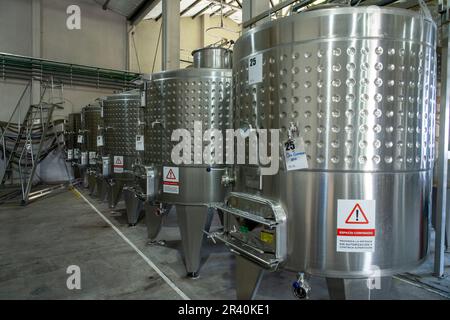 Stainless steel fermentation vats at the Ferrer Winery in Gualtallary, Tupungato, Valle de Uco,  Argentina. Stock Photo