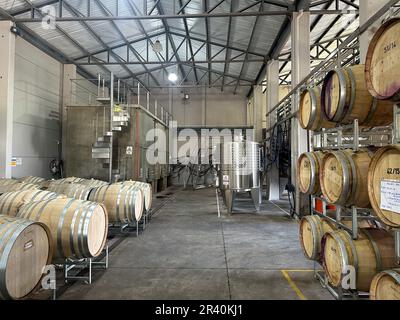 Oak barrels or barriques for aging the wine at the Ferrer Winery in Gualtallary, Tupungato, Valle de Uco,  Argentina.  Behind are large cement & stain Stock Photo