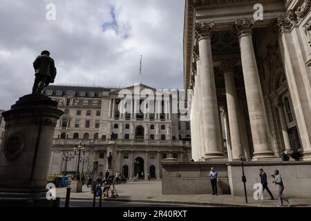 Royal Exchange building next to the Bank of England, viewed from Cornhill, in the financial centre of the City of London, England, United Kingdom Stock Photo