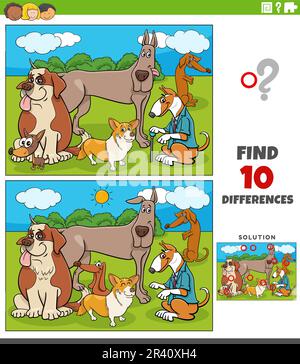 Cartoon illustration of finding the differences between pictures educational game with dogs comic animal characters group Stock Vector