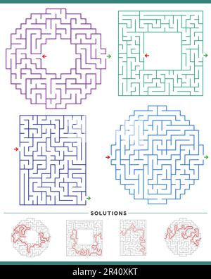 Illustration of maze puzzle games graphs set with solutions Stock Vector