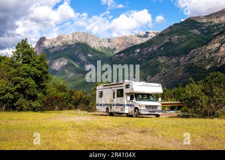 Motorhome in Chilean Argentine mountain Andes. Family trip travel vacation on Motorhome RV in Andes. Stock Photo