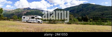 Motorhome in Chilean Argentine mountain Andes. Family trip travel vacation on Motorhome RV in Andes. Stock Photo