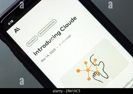 Website of Claude seen in an iPhone screen. Claude AI is a ChatGPT like next-gen AI chatbot assistant produced by AI-driven startup Anthropic. Stock Photo