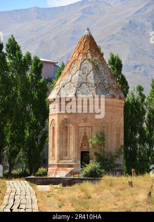 Halime Hatun Vault is a Seljuk mausoleum located in the Gevas district of Turkey. Stock Photo