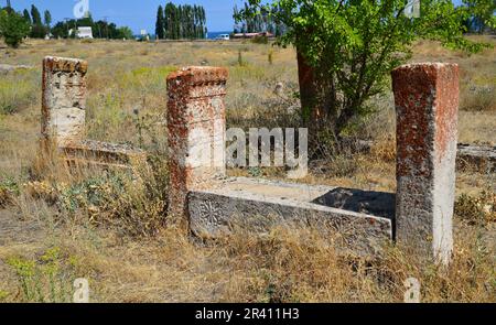 Halime Hatun Vault is a Seljuk mausoleum located in the Gevas district of Turkey. Stock Photo