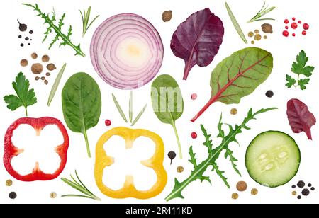 Various pieces of vegetables and spices on a white isolated background, ingredients for making salad Stock Photo