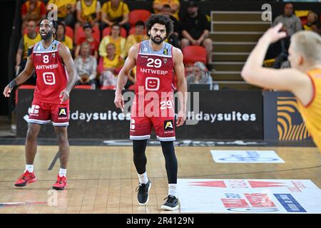 Jean-Marc Mwema (29) of Antwerp pictured during a basketball game between  Belgian BC Filou Oostende and Telenet Antwerp Giants on the second matchday of the Champions Play-off , on tuesday 23 th May 2023 at the Versluys Dome in Oostende  , Belgium  .  PHOTO SPORTPIX  | DAVID CATRY Stock Photo