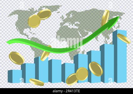 Curved green arrow, flying coins, Market movements concept chart on background global map. Investment and financial growth concept. Trading stock news Stock Vector