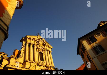Low angel view of old building with sculptures in Rome Italy Stock Photo