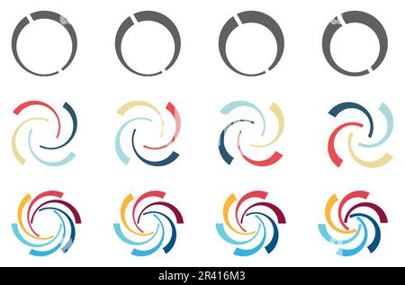 Circle arc cuts arranged in larger round, forming swirl or fan blades like symbol,  version with four and six elements Stock Vector
