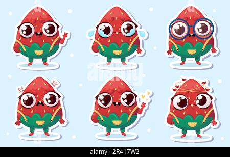 Vector illustration of strawberry character stickers with various cute expression,cool,funny,set of strawberry isolated Stock Vector