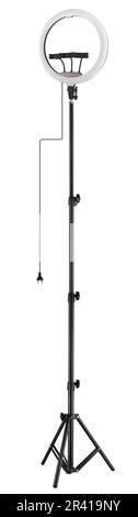 LED ring light on tripod, for selfies and with phone holder, on white background in insulation Stock Photo