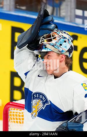 Finland's goalie Emil Larmi reacts after Sweden's Oscar Lindberg scored the  opening goal during the group A match between Finland and Sweden at the ice  hockey world championship in Tampere, Finland, Monday