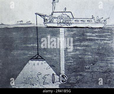 The Williamson Submarine Expedition of 1914 was the first to reveal some of the treasures below the surface of the ocean. Thanks largely to innovative photographic techniques the marine biology around the Bahamas came to life. This photo shows: The method by which the Williamson submarine pictures were taken. Stock Photo