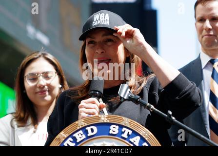 New York, United States. 25th May, 2023. Mariska Hargitay speaks at a rally and protest for members of the Writers Guild of America (WGA) and its supporters outside of Paramount offices in Times Square on Thursday, May 25, 2023 in New York City. The Writers Guild of America-East (WGA) is on strike against the Alliance of Motion Picture and Television Producers for better contracts and pay. Photo by John Angelillo/UPI Credit: UPI/Alamy Live News Stock Photo