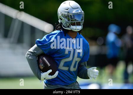 Detroit Lions running back Jahmyr Gibbs runs a drill during an NFL ...