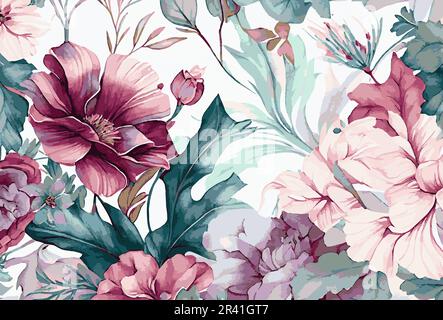 Abstract floral art background template. Botanical watercolor hand drawn flowers brush line art design - Vector Stock Photo