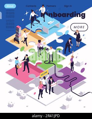 Onboarding concept isometric web page with staff welcoming and helping new employees in office 3d vector illustration Stock Vector