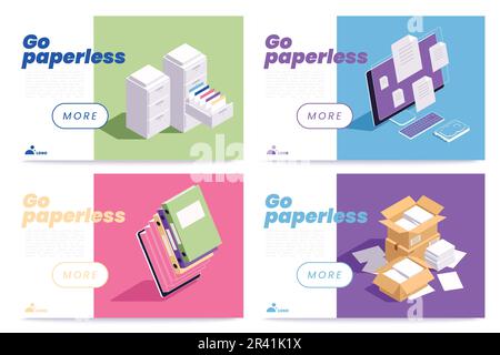 Go paperless isometric horizontal web banners set with digital and paper documents isolated vector illustration Stock Vector