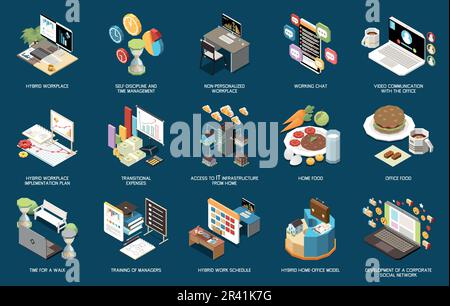 Hybrid work workplace home office model isometric icons set isolated on color background 3d vector illustration Stock Vector