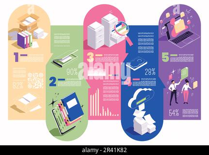 Go paperless isometric color flowchart with digital data and papers on colorful background vector illustration Stock Vector