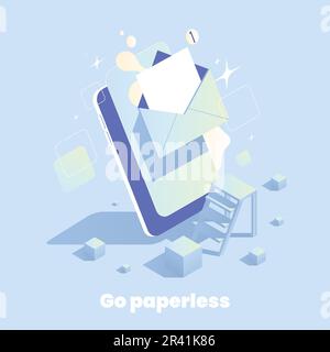 Go paperless concept with electronic documents on smartphone 3d isometric vector illustration Stock Vector