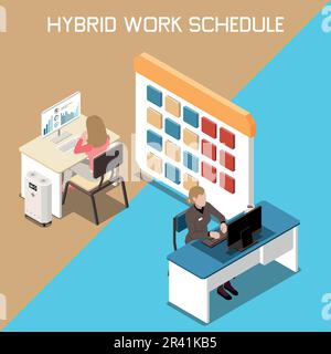 Isometric hybrid work flexible schedule concept with two employees working on computers and calendar 3d vector illustration Stock Vector