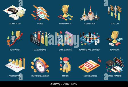 Business gamification strategy productivity teamwork motivation training isometric conceptual icons set isolated on color background 3d vector illustr Stock Vector