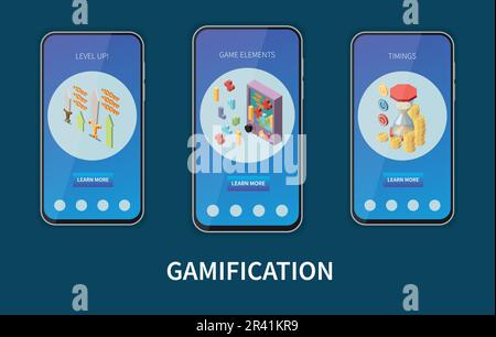 Business gamification elements isometric mobile banners set isolated on dark background 3d vector illustration Stock Vector
